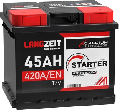 A black car battery with red and white labeling.