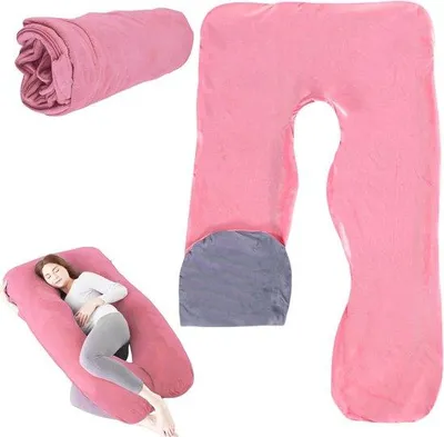 Produktbild von Famanu Schwangerschaftskissenbezug U-förmig aus Baumwolle - abnehmbar - maschinenwaschbar - 140 x 80 cm - rosa und grau