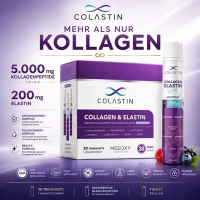 Produktbild von COLASTIN MULTİPLUS Kollagen & Elastin Trinkampullen – 30 Tagesportionen, Premium Flüssigformel mit Kollagenpeptiden für Haut, Haare & Nägel