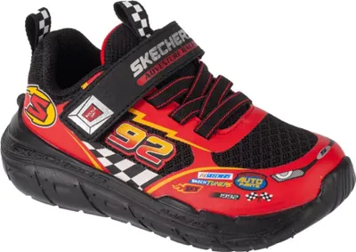A single red and black Skechers children's sneaker with racing-themed graphics is shown against a white background.