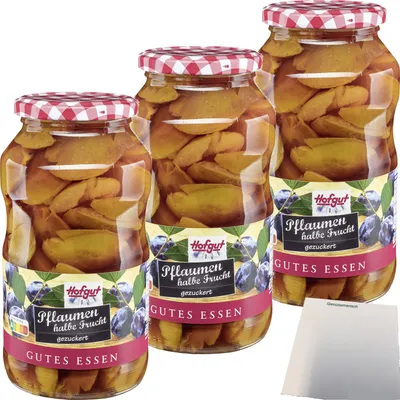 Produktbild von Hofgut Pflaumen halbe Frucht 3er Pack (3x720ml Glas) + usy Block