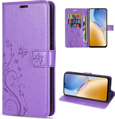 A collage of images showing a purple flip phone case with a floral and butterfly design, including views of the case open with cards and cash, and the case standing up.