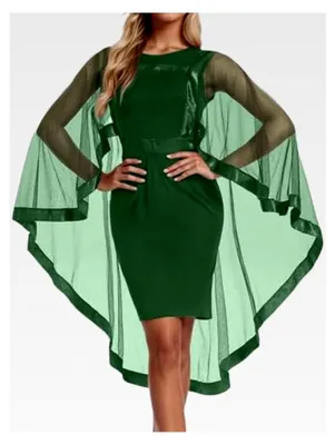 Produktbild von Chiffon-Cape Cocktailkleid Damen Partykleid Rundhals Einfarbig Knielang Abendkleid Elegant Slim Fit Business Büro Festliche Kleider Rockabilly Kleid Puffärmel Ballkleid Bleistiftkleid