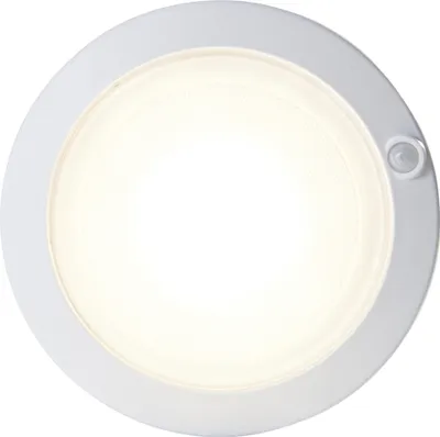 A close-up, front-facing view of a white, circular LED ceiling or wall light with a motion sensor.
