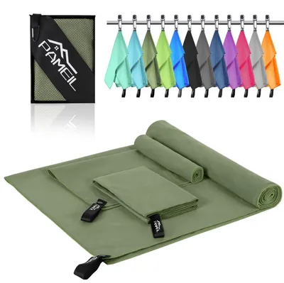 Produktbild von Mikrofaser Handtuch 3er Set 160x80cm + 2x 80x40cm Schnelltrocknend Armeegrün