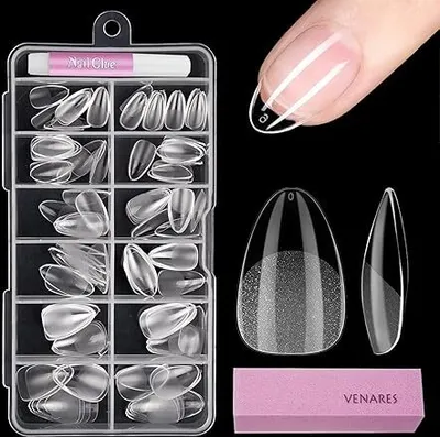 Produktbild von Nageltips für Gelnägel, Venares 120 Stück Kurze Mandel Künstliche Nägel Set 11 Größen Gelnägel Nageltips mit Kleber Nagelpuffer Block, Nageltips Set Transparent