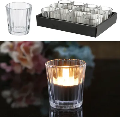 Produktbild von 12 x Windlchter aus Glas H 6 cm - Glaswindlichter klein 12er Set - Teelichtgläser klein Set - Tischdeko kleine Teelichthalter aus Glas