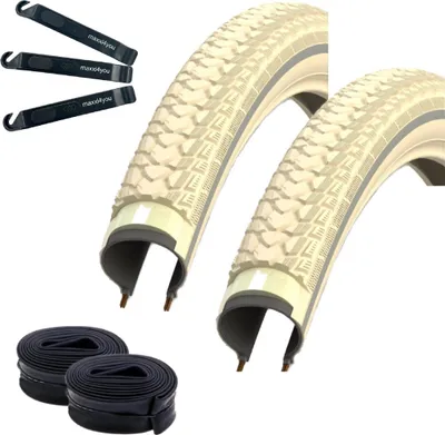 Produktbild von 2 x Rexway "Shopper" Pannenschutz Fahrradreifen Creme mit Reflex 47-622 (28 x 1,75) + 2 passende Schläuche AV inkl. maxxi4you Reifenheber