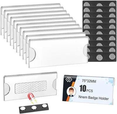 Imagen del producto de Juego de placas identificativas, 10 unidades de 45 x 12 mm, 10 unidades de 75 x 32 mm, panel de exhibición con 3 imanes fuertes, ideal para ropa, escuela, oficina, conferencias