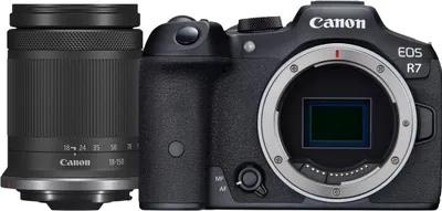A Canon EOS R7 camera and a Canon RF-S 18-150mm IS STM lens are shown side-by-side against a white background.
