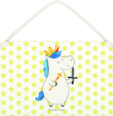 Produktbild von Mr. & Mrs. Panda Schild Einhorn König mit Schwert DIN A4 - Weiß - Geschenk, Ritter, Unicorn, Mittelalter, wandtafel, Holzschild, Türschild, Wandbild Holz, Einhörner