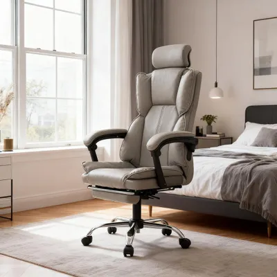 Produktbild von Gaming-Stuhl, ergonomisch mit Fußstütze und Lendenwirbelstütze, in Rosa, Kunstleder