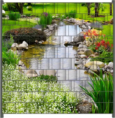 Produktbild von Wallario Zaunsichtschutz mit Motiv Blumen am Teich für Ein- und Doppelstabmatten Zäune in der Größe 200 x 200 cm