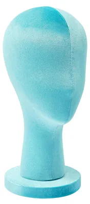Obrázok produktu pre Manekýn s hlavou potiahnutou látkou – stojan na parochne a šperky – ľahká dekoratívna hlava, obvod hlavy 52,5 cm, výška 35 cm – modrá