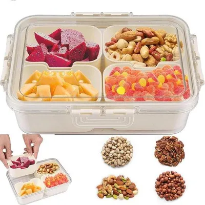 Produktbild von Snackcontainer mit Deckel und 4 Fächern für den Speisekristall- und Süßigkeitenlagerung