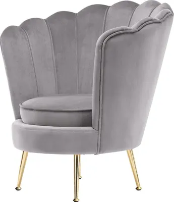 Obrázok produktu pre Kreslo Padiro, rozmery 81 x 74 x 85 cm – farby: sivá a taupe – poťah z polyesterovej zamatovej látky – operadlo s motívom mušle a kovové nohy z železa