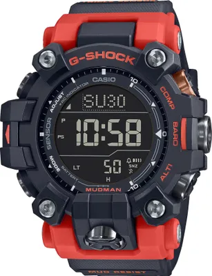 A close-up, front-facing studio shot of a Casio G-Shock Mudman watch.