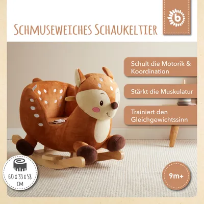A plush deer-shaped rocking toy for babies, presented in a lifestyle setting with text overlays highlighting its features and dimensions.