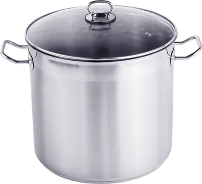 A stainless steel pot with a glass lid on a white background.