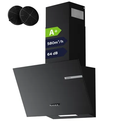 A black kitchen hood with energy efficiency labels and two charcoal filters.