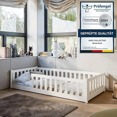 Produktbild von Kinderbett Bodenbett 80x160 cm Bett mit Matratze, Rausfallschutz & Lattenrost Montessori Bett Gitterbett Kinder Jugendbett Einzelbett komplett Set weiß Kiefer Holz massiv Junge Mädchen