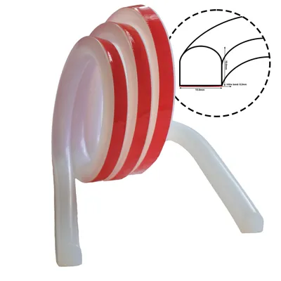A coiled silicone strip with red adhesive tape, shown against a white background. A magnified inset shows a diagram of the strip's cross-section with dimensions.
