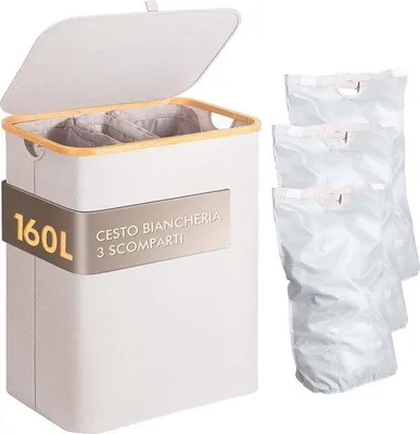 Immagine prodotto di Cesto per la biancheria Famanu da 160 litri con coperchio - Struttura in bambù naturale - Sacchetto interno estraibile - Beige