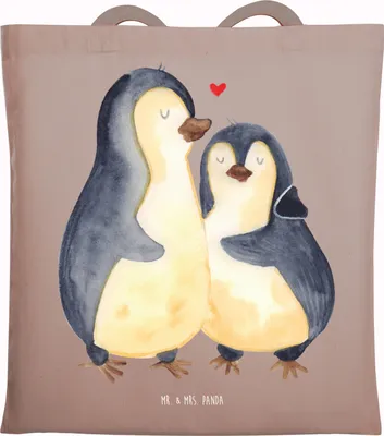 Produktbild von Mr. & Mrs. Panda dokumententasche Pinguin umarmen - Braun Pastell - Geschenk, Laptoptasche, Liebe, Stoffbeutel, Jutebeutel, Tote Bag, Verknallt, Hochzeit, Schultasche