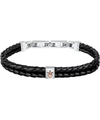 A black braided leather bracelet with a silver clasp and a small square charm featuring a trident logo.