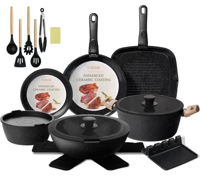 Zdjęcie produktu dla Zestaw garnków ceramicznych, 23 elementy, patelnie z powłoką nieprzywierającą, z odpinanym uchwytem, możliwość układania w stos, nadaje się do wszystkich rodzajów kuchenek, można używać w piekarniku, kolor czarny