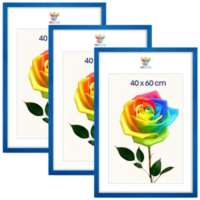 Produktbild von MG Design 3er Set Bilderrahmen 40 x 60 cm - Posterrahmen mit Blau Echtholzrahmen und bruchsicherem Acrylglas, Hoch & Quer mit stabiler Wandaufhängung