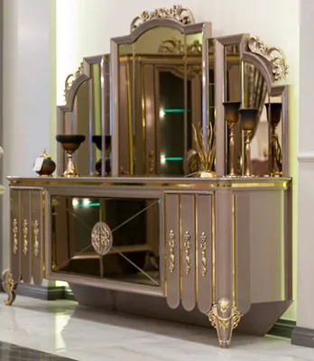 Produktbild von Casa Padrino Luxus Barock Möbel Set Sideboard mit Spiegel Schwarz / Grau / Gold 214 x 88 x H. 192 cm - Prunkvoller Massivholz Schrank mit elegantem Wandspiegel - Möbel im Barockstil
