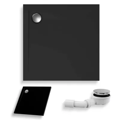Zdjęcie produktu dla Brodzik Posadzkowy Prysznicowy Kwadratowy 100x100x4,5 Akrylowy, Efekt Kamienia, Czarny | w zestawie - Syfon, odpływ ⌀90 mm | BADLAND GEOS