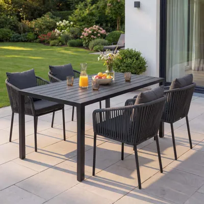Produktbild von Gartengarnitur HWC-N41, Tisch+4xStuhl, wetterfest Alu 140x80cm, Seilgeflecht Rope anthrazit, Kissen dunkelgrau