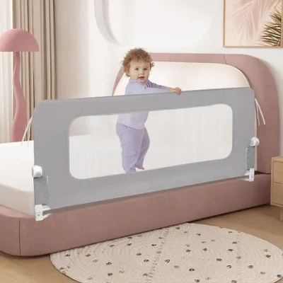 Produktbild von Bettgitter - Rausfallschutz 180 cm - Klappbar - Höhenverstellbar 66–80 cm - Trapezfüße & Befestigungsgurte - Metallrahmen - Grau