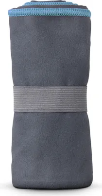Produktbild von Mikrofaser Handtuch für Sport, Sauna, Fitness - Reise Handtuch - kompakt, saugfähig, leicht & schnelltrocknend ( Grau mit Blauer Biese / 50x100cm ) mit Spanngummi