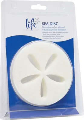 A product packaged in clear plastic for retail sale. The packaging has a blue background with white text and a white disc-shaped product with cutouts.