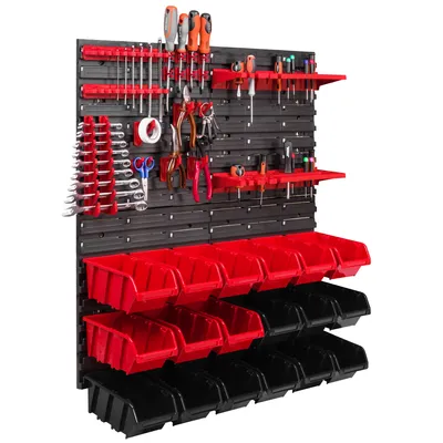 Produktbild von 18 Stapelboxen Werkzeughalter Wandregal Werkstattregal Werkzeugwand 78x78cm Werkzeughalter Lagersystem Schüttenregal Sichtlagerkästen Extra Starke Wandplatten Regal Erweiterbar Werkstattregal Lagerre