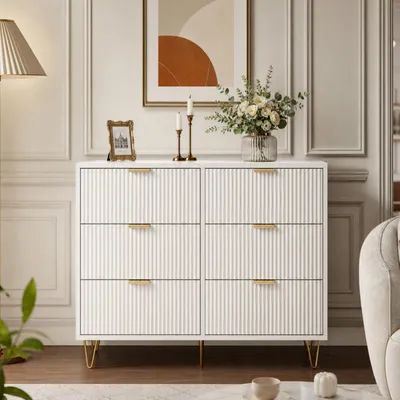 Immagine prodotto di Comodino INONEFT con 6 cassetti in legno massello, design moderno, mobile contenitore con maniglie dorate, ideale per ingresso, soggiorno, dimensioni 100x34x73 cm, colore bianco