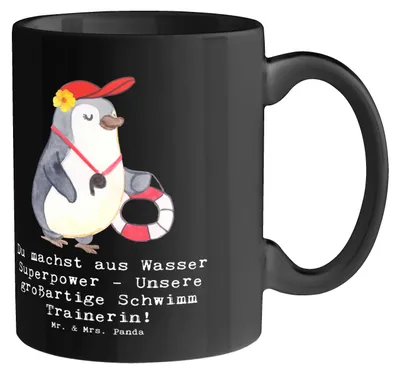 Produktbild von Mr. & Mrs. Panda Tasse Superpower Schwimmen Trainerin - Schwarz - Geschenk, Kaffeetasse, Teetasse, Sportarten, Becher, Sportart, Keramiktasse, Magie, Kaffeebecher