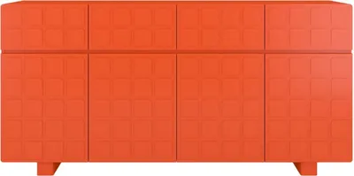 A front view of an orange cabinet with a textured front.