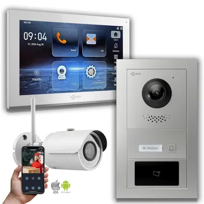 Produktbild von Goliath IP Video Türsprechanlage: 10-Zoll 1 Monitor, RFID, Silber, Wifi-Kamera  : Unterputzdose : 10 Zoll in Weiß : 4er POE Anschluss über:: 4er POE Monitor Auswahl: 10 Zoll in Weiß Türklingel Montagedose: Unterputzdose