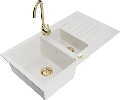 Produktbild von Mexen Matias 1,5-Becken-Granitspüle mit Abtropffläche und Mischbatterie Telma, Weiß - 6502-20-670200-50