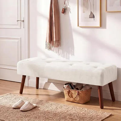 Obrázok produktu pre Sedacia lavica s rozmermi 113,5 cm, béžovej farby, potiahnutá materiálom chenille, s drevenými nohami, vhodná do predsiene, spálne alebo obývačky