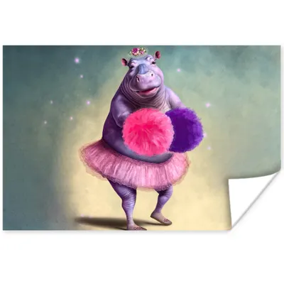Produktbild von MuchoWow® Poster Nilpferd - Blumen - Ballerina - Pompons - Porträt 60x40 cm - Schlafzimmerdekoration