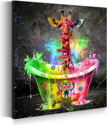 Produktbild von Leinwandbild Wandbild Giraffe in Badewanne Kunstdruck XXL Wanddeko: 100x100x2cm