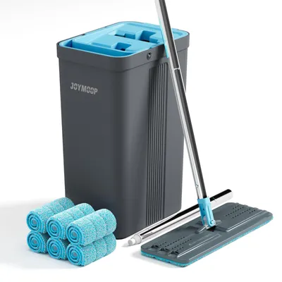 Productafbeelding van Dweilset met emmer - Microvezel dweilmop 360 graden - Met wringer - 6 pads - Grijs en cyaanblauw