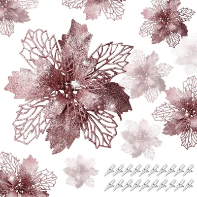 Image de Fleurs de Noël artificielles, 20 pièces, poinsettias scintillantes avec clips, couleur rose or, tailles 15 cm et 11 cm