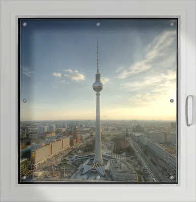 Produktbild von Wallario Lichtschutzbild, Dekorativer Sichtschutz Sonnenschutz 96 x 100 cm mit Motiv: Fernsehturm Berlin mit Panoramablick über die Stadt - Verdunklung ohne Bohren