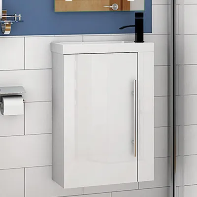 Produktbild von Badmöbel SILVIA 45 cm Waschbecken mit Unterschrank Hochglanz Weiß Badezimmerschrank Gäste WC mit Soft Close